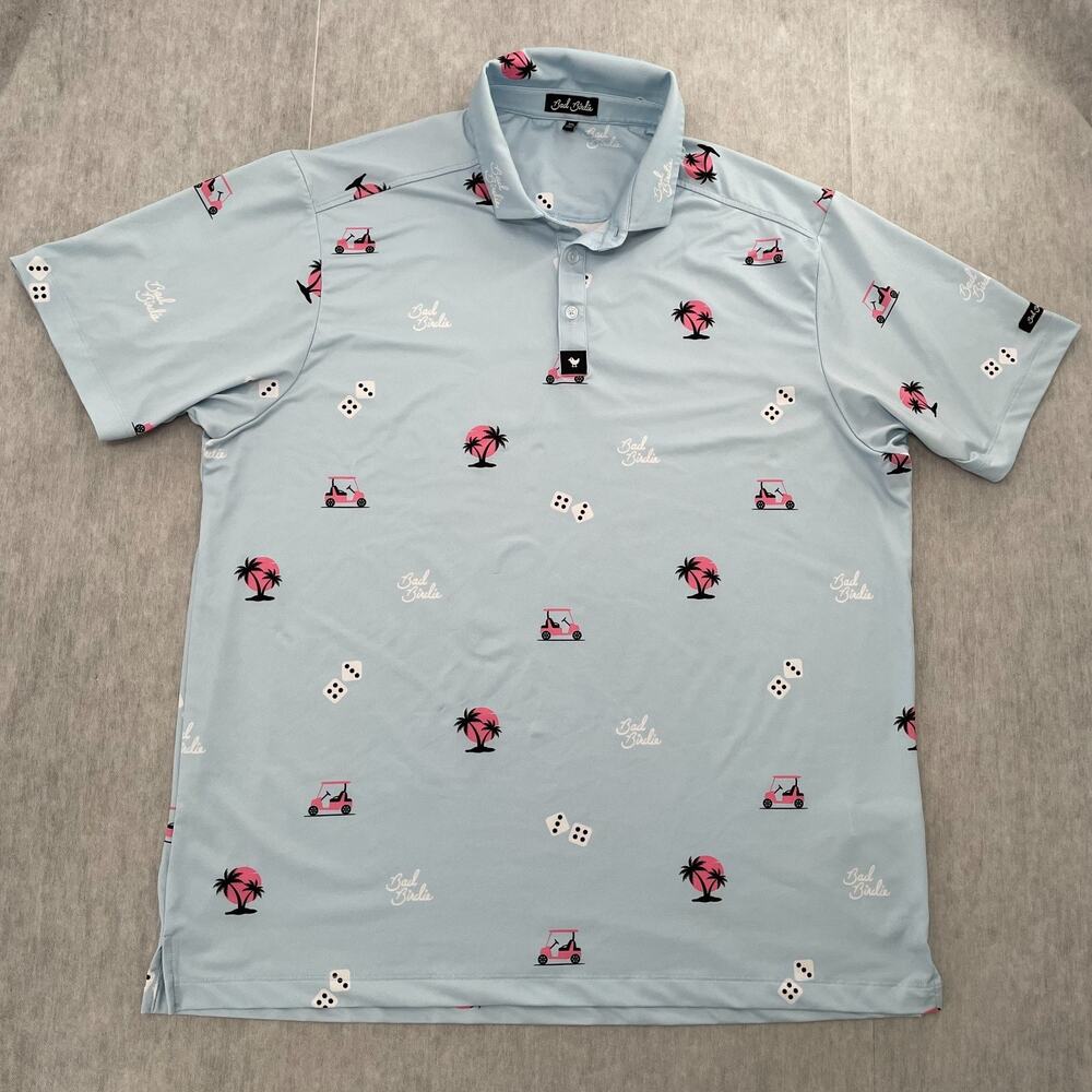Bad Birdie Shirt Adult 2XL Blue Polo Golf Car Dice Palm Tree Stretch Mens XXL
